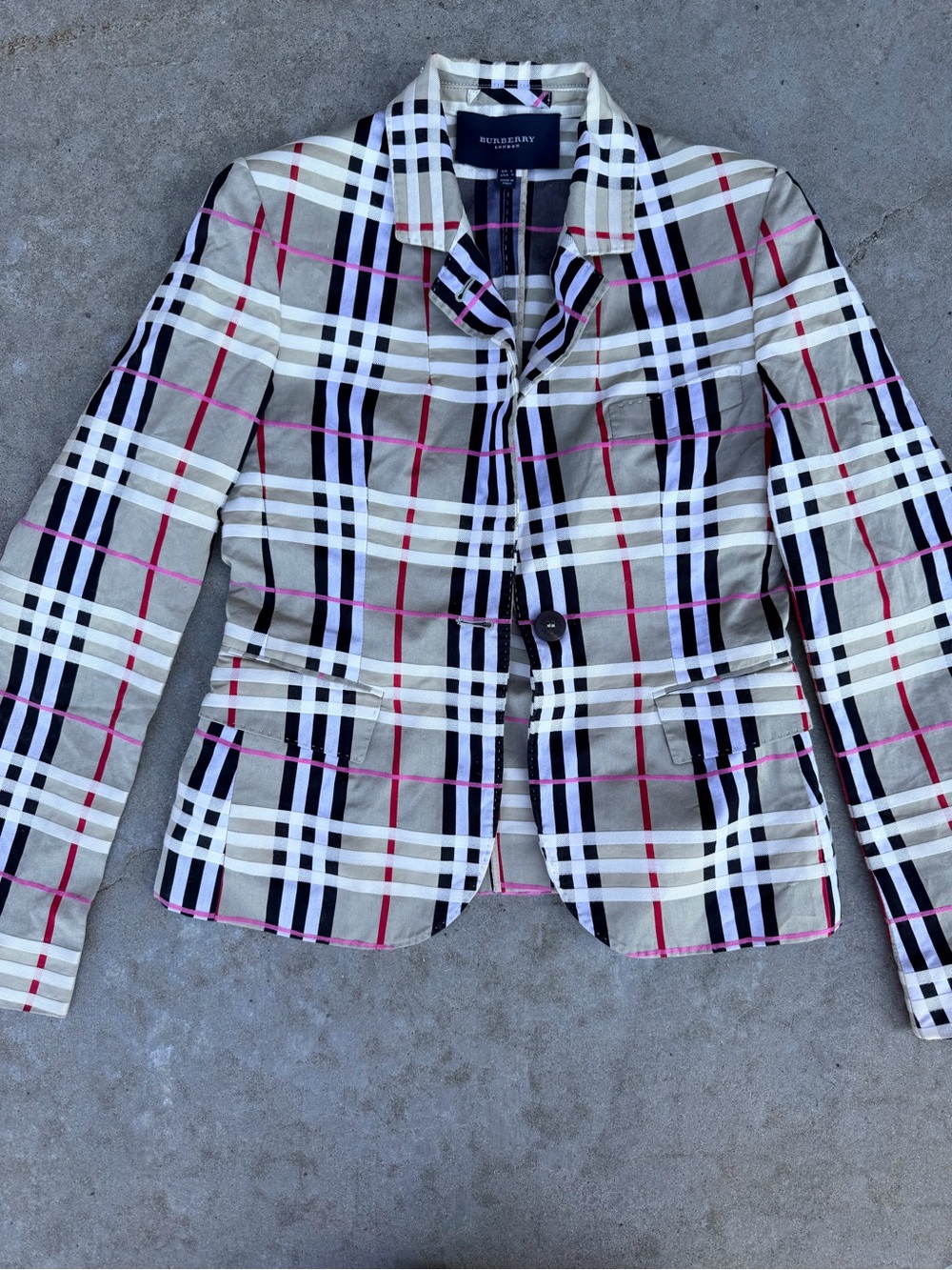 Burberry Beige Plaid Cotton Blazer with Black, White & Pink Stripes